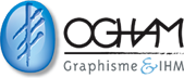 Logo Ogham - Graphisme & IHM, EURL Stéphane Chesné, montrant une pierre bleue gravée d'un ogham suivie du nom de la société.