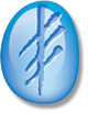 Détail du logo de la société montrant l'ogham gravé sur le pierre ovale bleue.